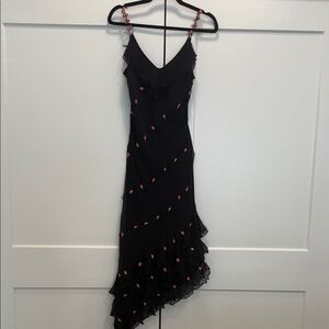 Vintage 90’s black y2k dress 100% silk floral beading ruffle hem romantic size 0